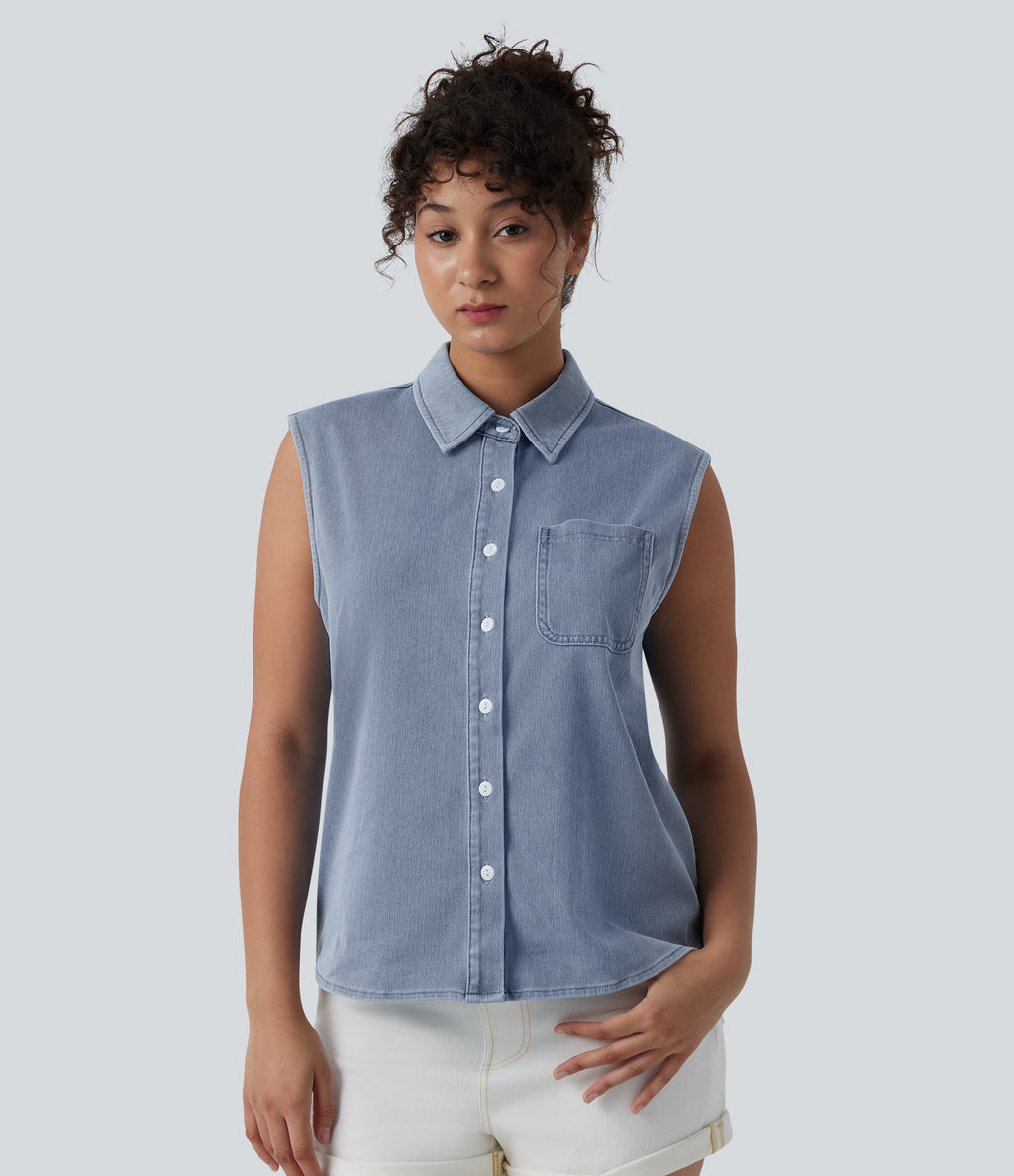 Sleeveless Denim Casual Shirt with Pocket — Malibu Blue Denim — view 5