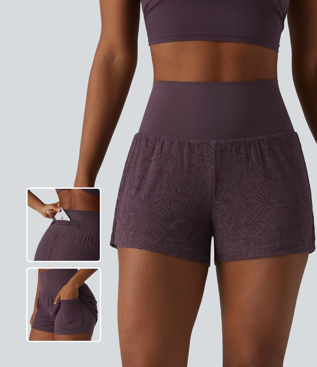 High Waisted 2-in-1 Lace Workout Shorts 3'' with Pockets — Dusky Evening purple — view 1