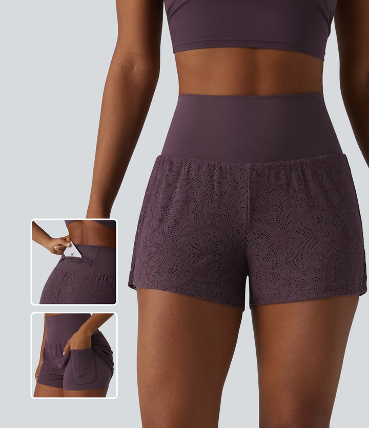 High Waisted 2-in-1 Lace Workout Shorts 3'' with Pockets — Dusky Evening purple — view 1