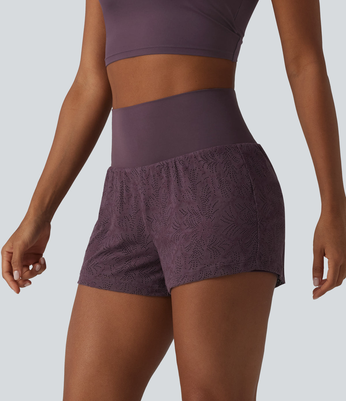 High Waisted 2-in-1 Lace Workout Shorts 3'' with Pockets — Dusky Evening purple — view 3