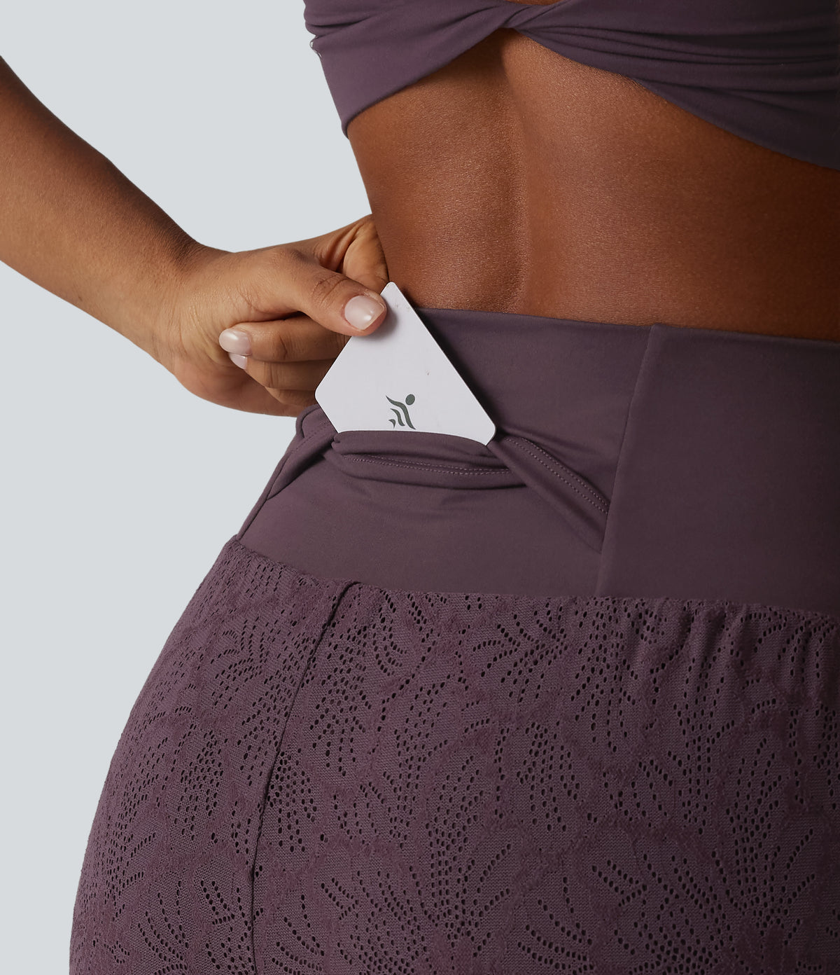 High Waisted 2-in-1 Lace Workout Shorts 3'' with Pockets — Dusky Evening purple — view 4