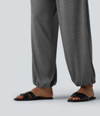 High Waisted Ruched Casual Joggers with Pockets — Darl Gray Floral Yarn — view 5