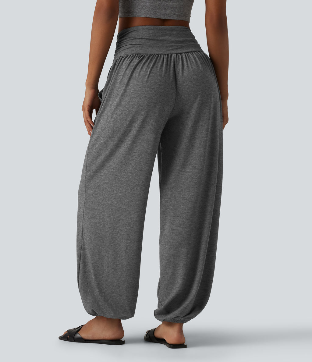 High Waisted Ruched Casual Joggers with Pockets — Darl Gray Floral Yarn — view 2