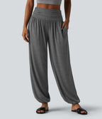 High Waisted Ruched Casual Joggers with Pockets — Darl Gray Floral Yarn — view 3