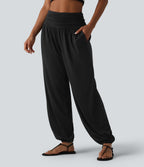 High Waisted Ruched Casual Joggers with Pockets — Black — view 7