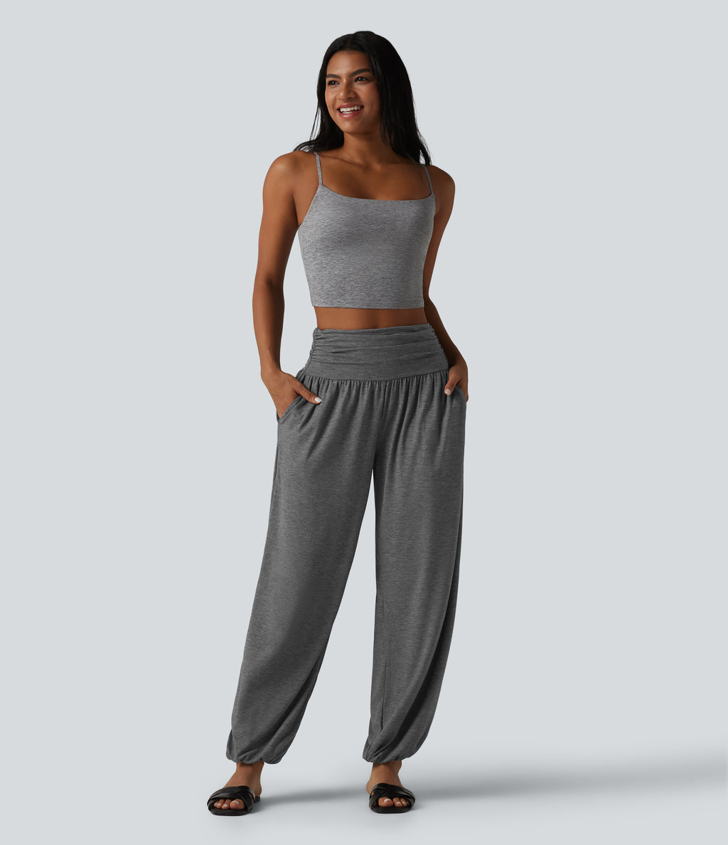 High Waisted Ruched Casual Joggers with Pockets — Darl Gray Floral Yarn — view 6