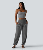 High Waisted Ruched Casual Joggers with Pockets — Darl Gray Floral Yarn — view 6