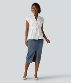 Shawl Collar Short Sleeve Tie Front Work Top — White — view 5
