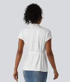 Shawl Collar Short Sleeve Tie Front Work Top — White — view 2