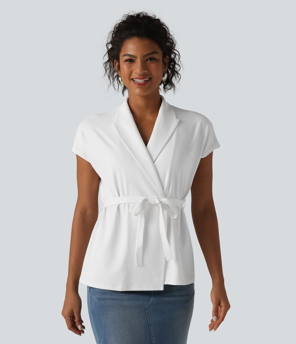 Shawl Collar Short Sleeve Tie Front Work Top — White — view 4