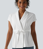 Shawl Collar Short Sleeve Tie Front Work Top — White — view 1