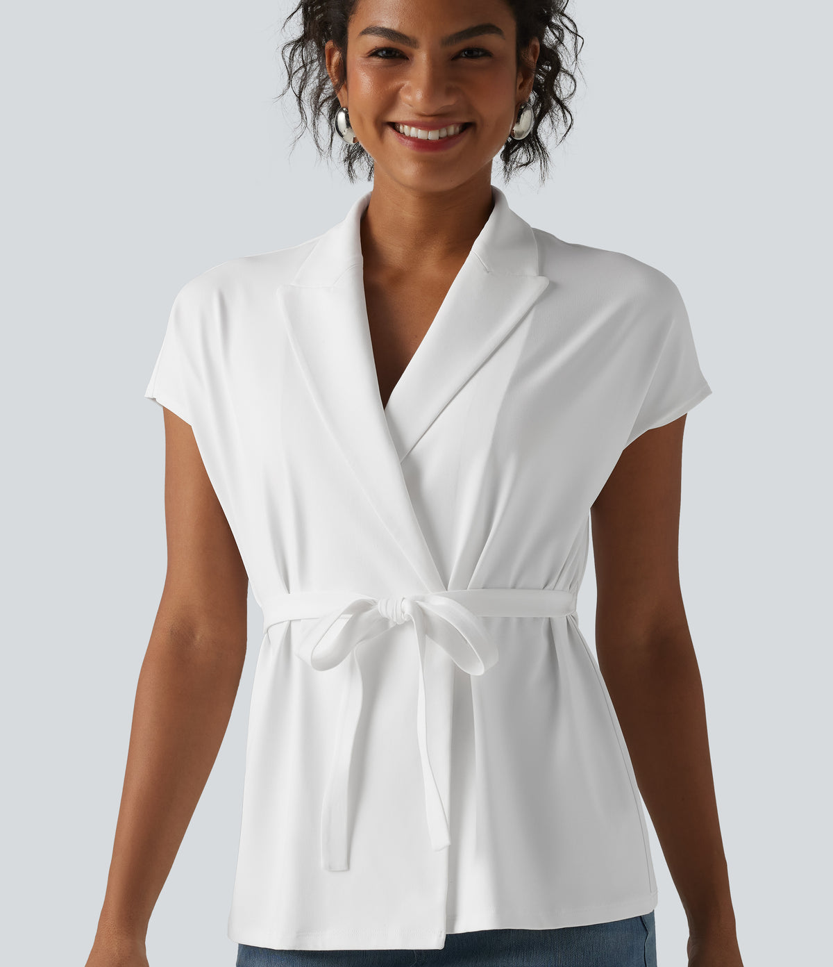 Shawl Collar Short Sleeve Tie Front Work Top — White — view 1