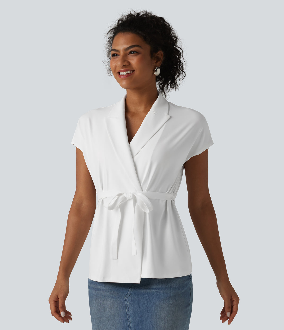 Shawl Collar Short Sleeve Tie Front Work Top — White — view 3
