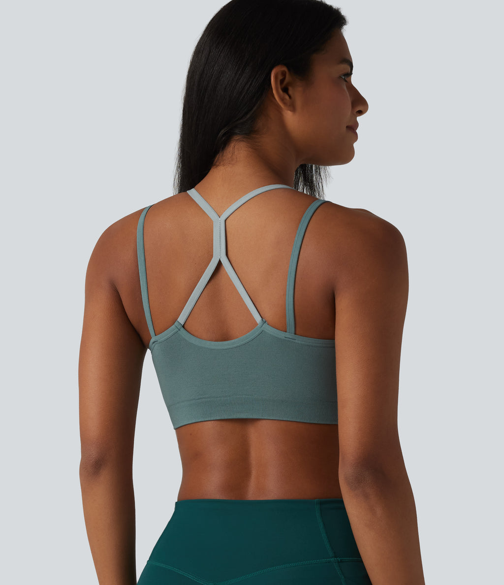 OneForm Seamless Flow Light Support Color Block 2-in-1 Built-in Bra Yoga Sports Bra — Shadow Blue — view 1