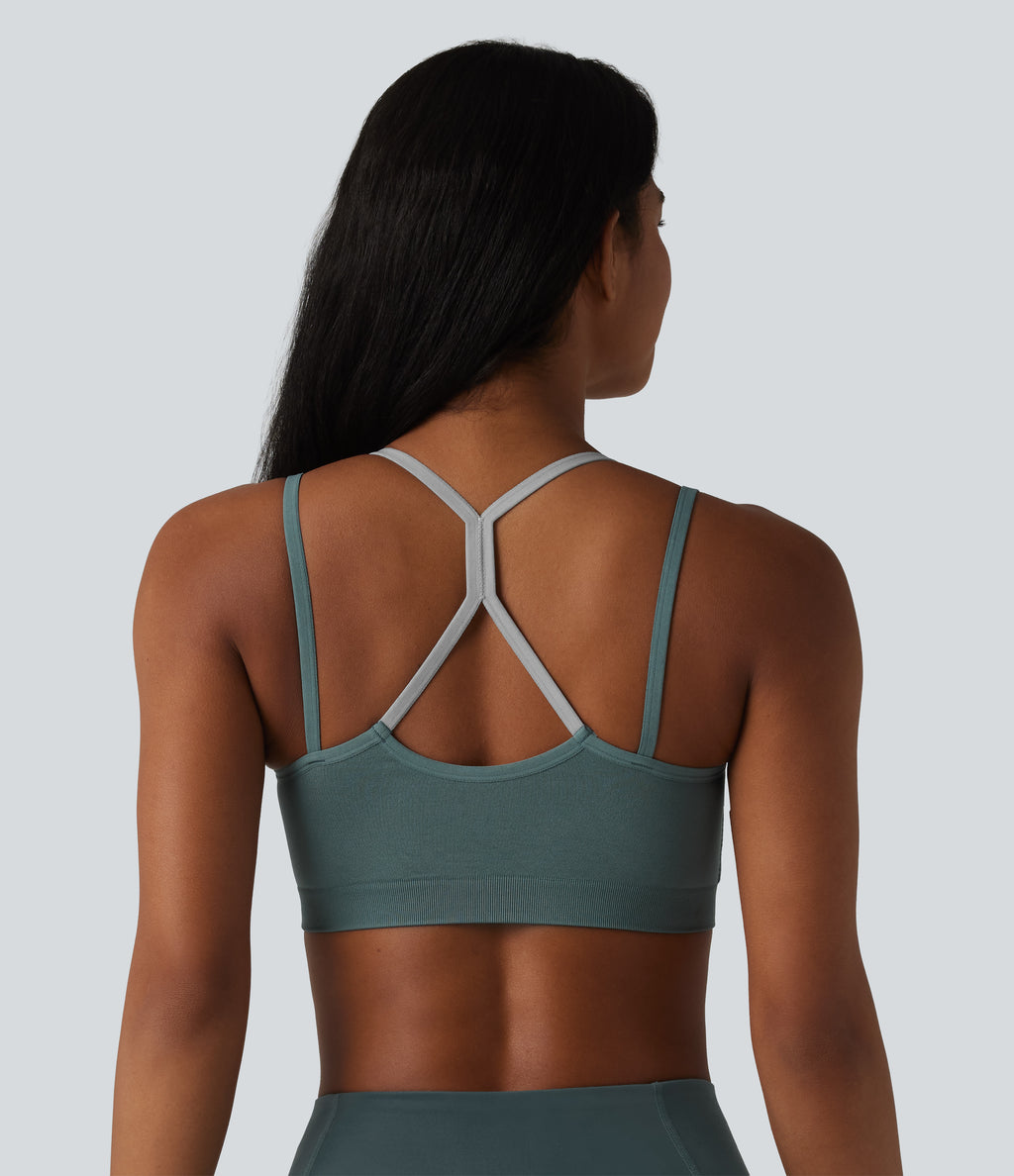 OneForm Seamless Flow Light Support Color Block 2-in-1 Built-in Bra Yoga Sports Bra — Shadow Blue — view 4