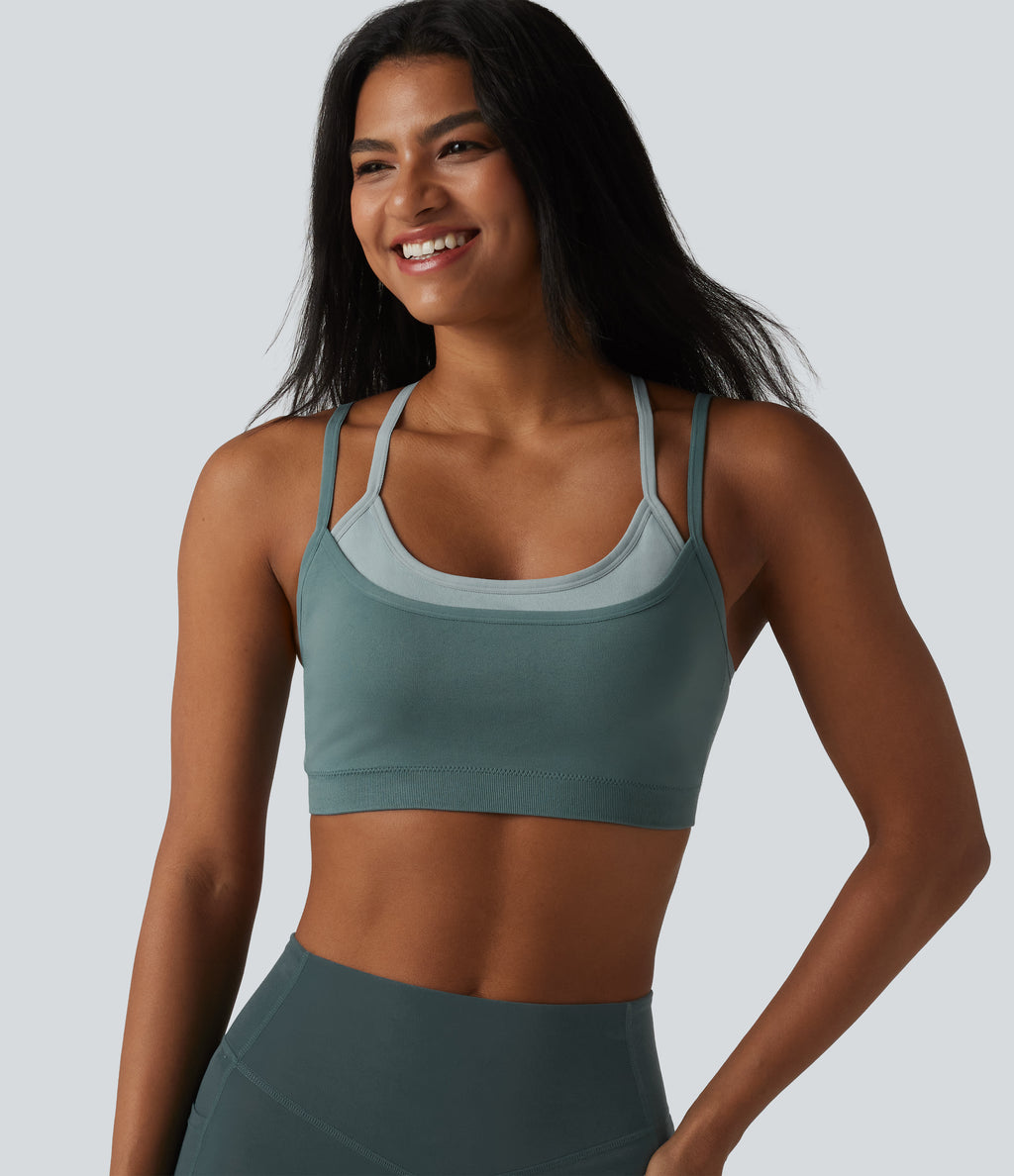 OneForm Seamless Flow Light Support Color Block 2-in-1 Built-in Bra Yoga Sports Bra — Shadow Blue — view 5
