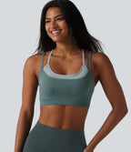 OneForm Seamless Flow Light Support Color Block 2-in-1 Built-in Bra Yoga Sports Bra — Shadow Blue — view 5