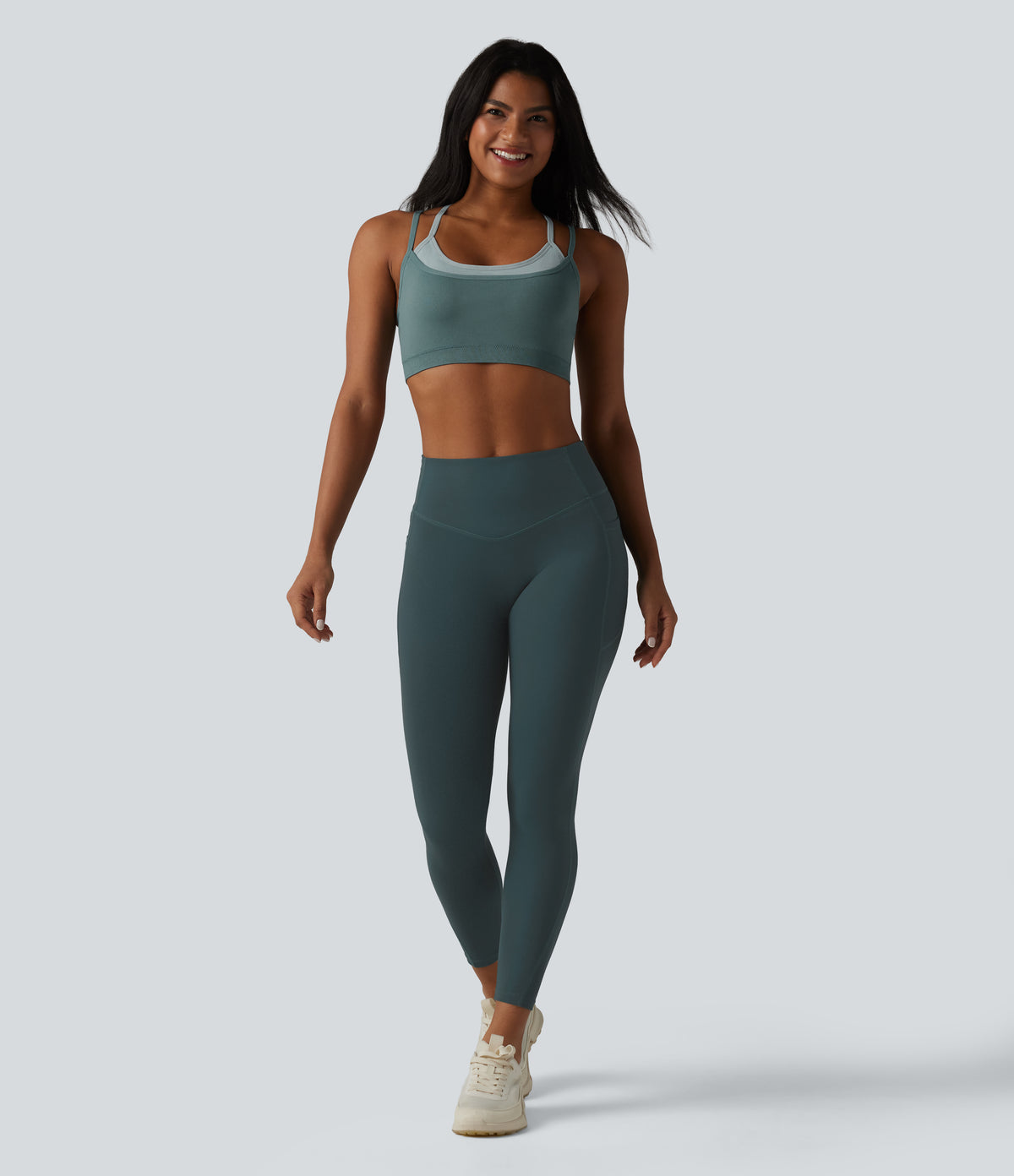 OneForm Seamless Flow Light Support Color Block 2-in-1 Built-in Bra Yoga Sports Bra — Shadow Blue — view 6