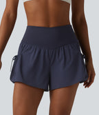 High Waisted 2-in-1 Workout Baggy Shorts with Pockets — Mountain Blue — view 3