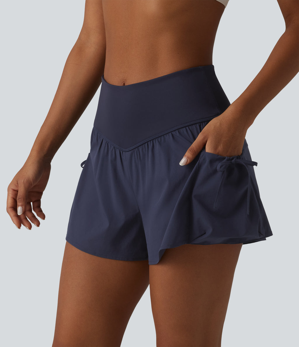 High Waisted 2-in-1 Workout Baggy Shorts with Pockets — Mountain Blue — view 1