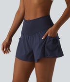 High Waisted 2-in-1 Workout Baggy Shorts with Pockets — Mountain Blue — view 1