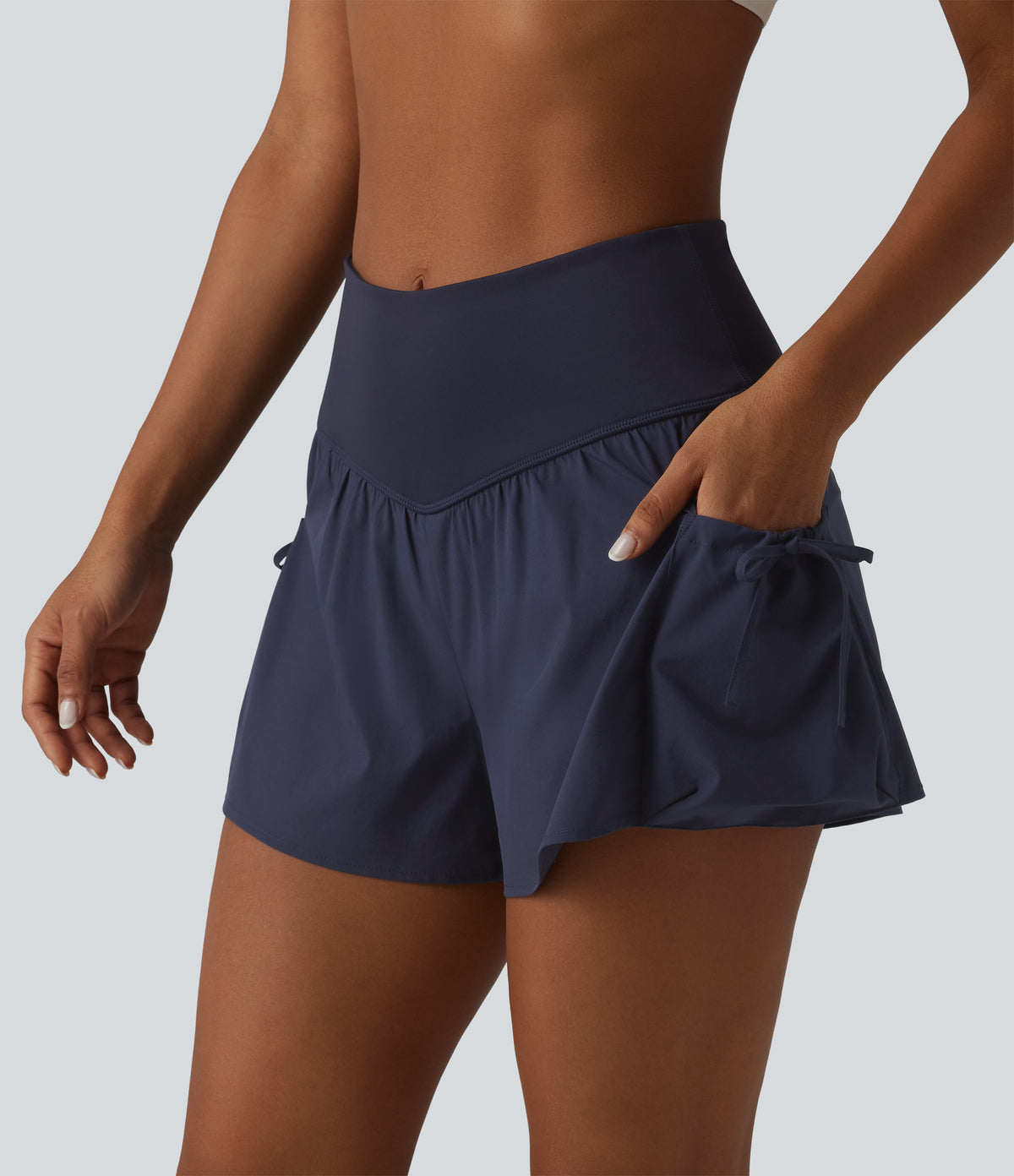 High Waisted 2-in-1 Workout Baggy Shorts with Pockets — Mountain Blue — view 1