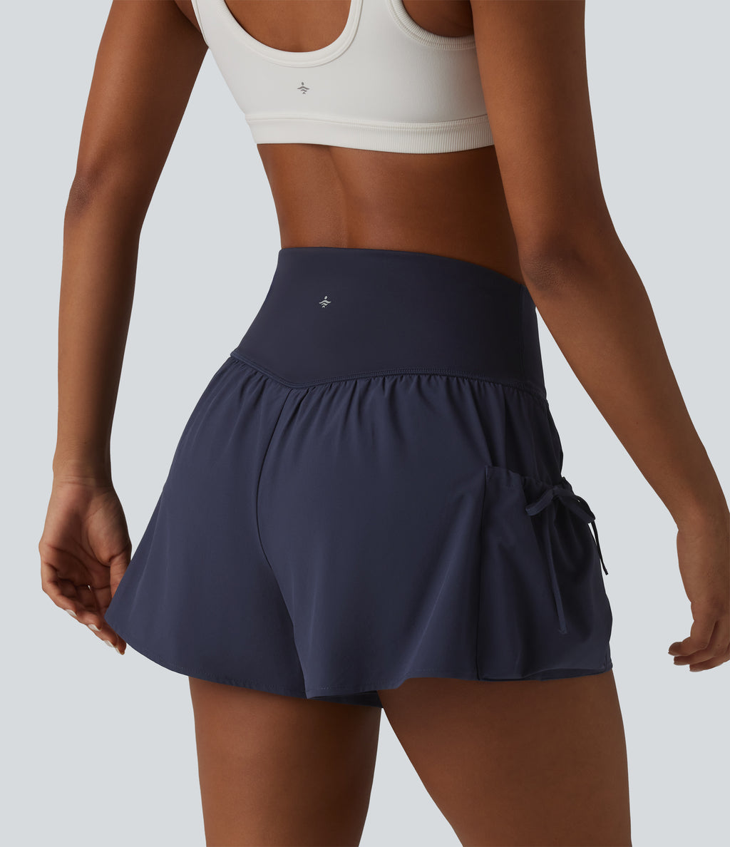 High Waisted 2-in-1 Workout Baggy Shorts with Pockets — Mountain Blue — view 5