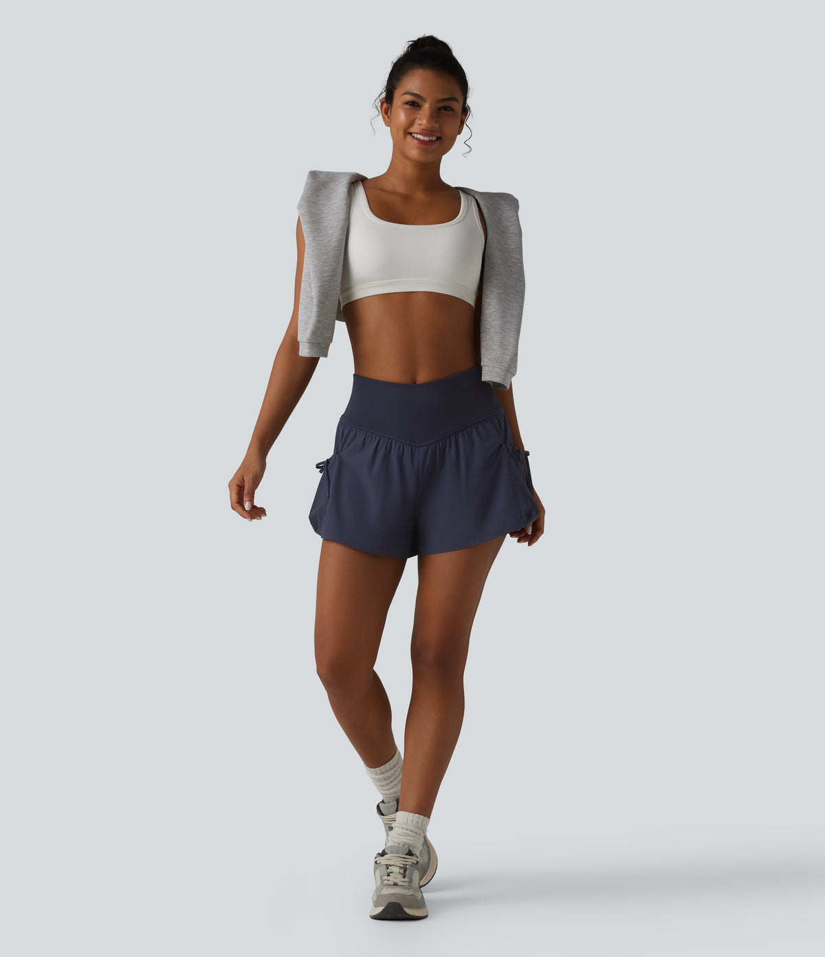 High Waisted 2-in-1 Workout Baggy Shorts with Pockets — Mountain Blue — view 6