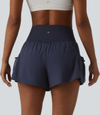 High Waisted 2-in-1 Workout Baggy Shorts with Pockets — Mountain Blue — view 2