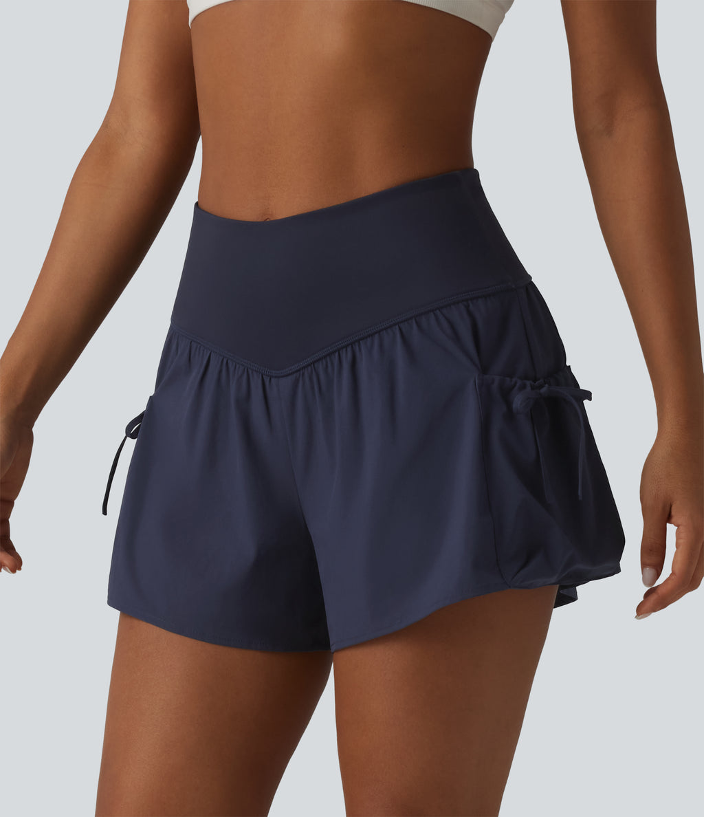 High Waisted 2-in-1 Workout Baggy Shorts with Pockets — Mountain Blue — view 4