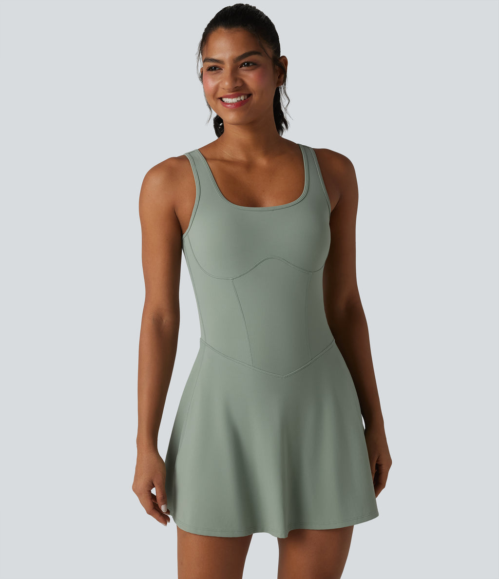 U Neck Sleeveless 2-in-1 Built-in Bra Mini Workout Active Dress with Pockets — Iceberg Green — view 6