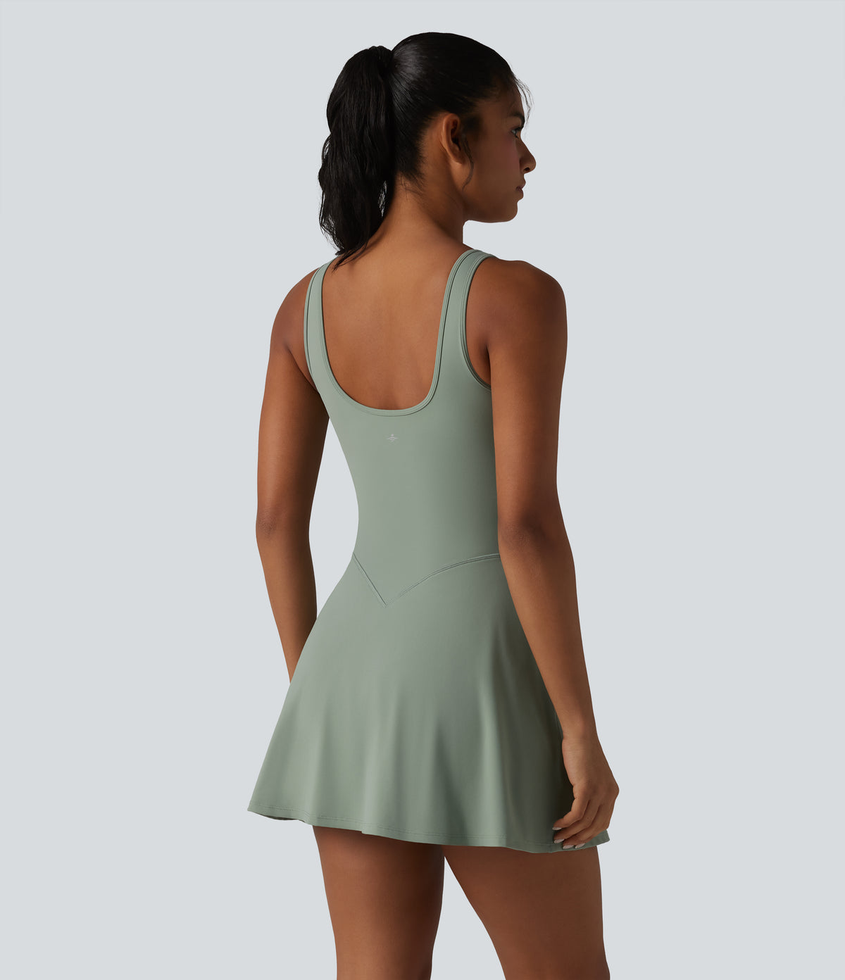 U Neck Sleeveless 2-in-1 Built-in Bra Mini Workout Active Dress with Pockets — Iceberg Green — view 2
