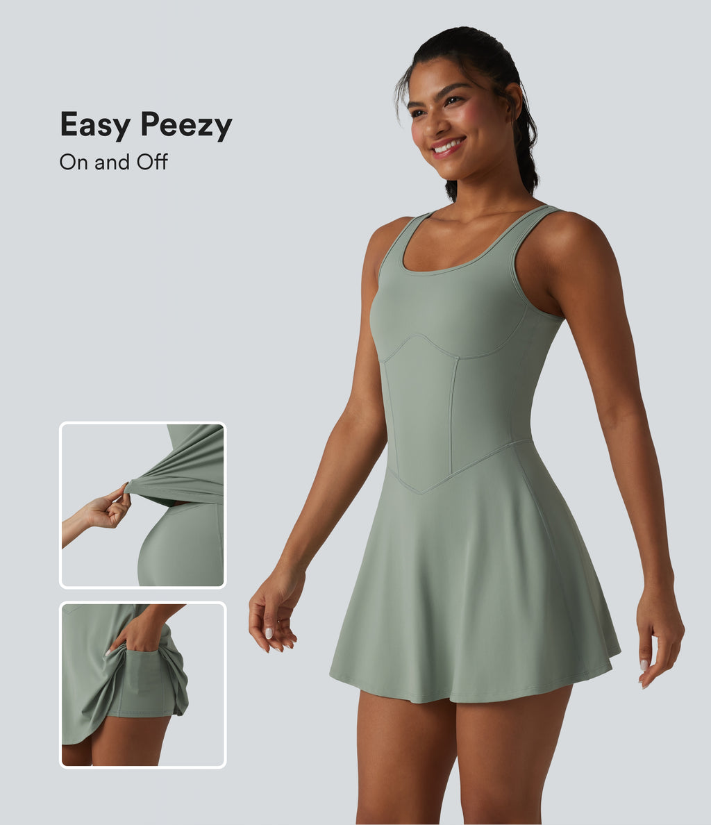 U Neck Sleeveless 2-in-1 Built-in Bra Mini Workout Active Dress with Pockets — Iceberg Green — view 1
