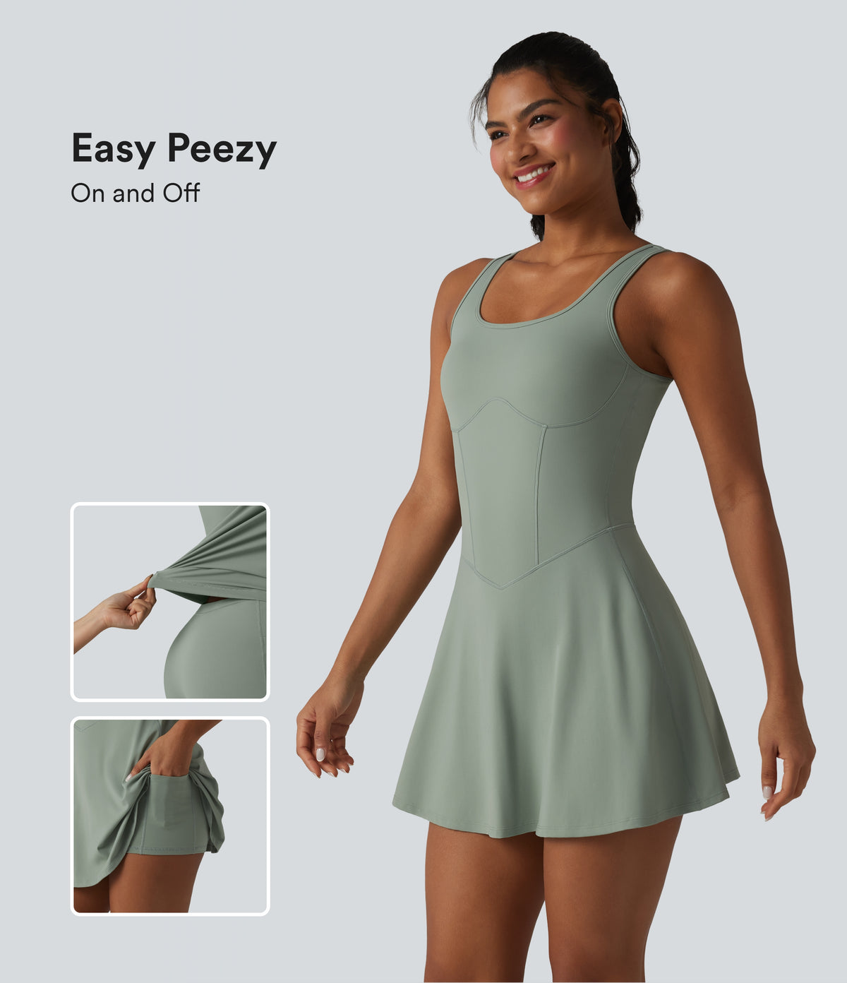 U Neck Sleeveless 2-in-1 Built-in Bra Mini Workout Active Dress with Pockets — Iceberg Green — view 1