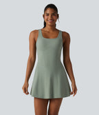 U Neck Sleeveless 2-in-1 Built-in Bra Mini Workout Active Dress with Pockets — Iceberg Green — view 3