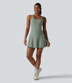 U Neck Sleeveless 2-in-1 Built-in Bra Mini Workout Active Dress with Pockets — Iceberg Green — view 7
