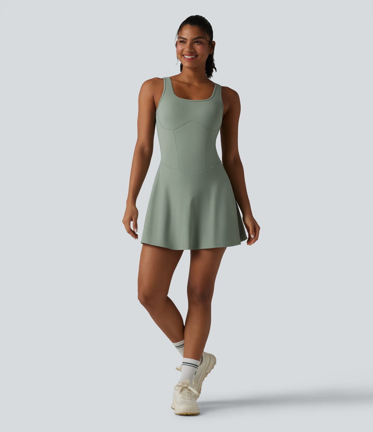 U Neck Sleeveless 2-in-1 Built-in Bra Mini Workout Active Dress with Pockets — Iceberg Green — view 7