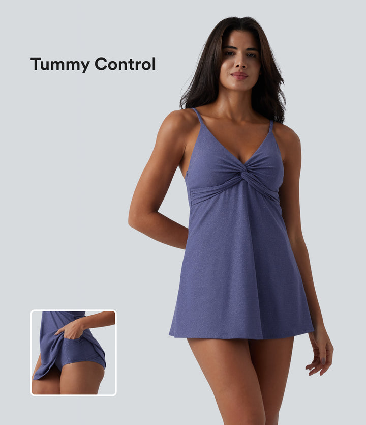 V Neck Built-in Bra Tummy Control One-Piece Metallic Swimsuit with Pockets — Skipper Blue — view 1