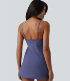 V Neck Built-in Bra Tummy Control One-Piece Metallic Swimsuit with Pockets — Skipper Blue — view 6