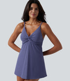 V Neck Built-in Bra Tummy Control One-Piece Metallic Swimsuit with Pockets — Skipper Blue — view 5