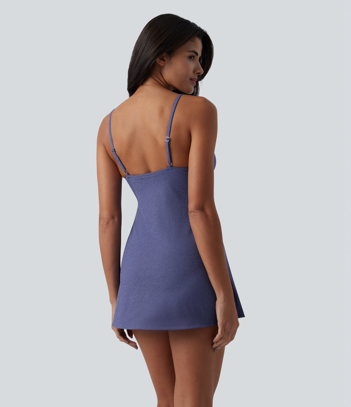 V Neck Built-in Bra Tummy Control One-Piece Metallic Swimsuit with Pockets — Skipper Blue — view 2