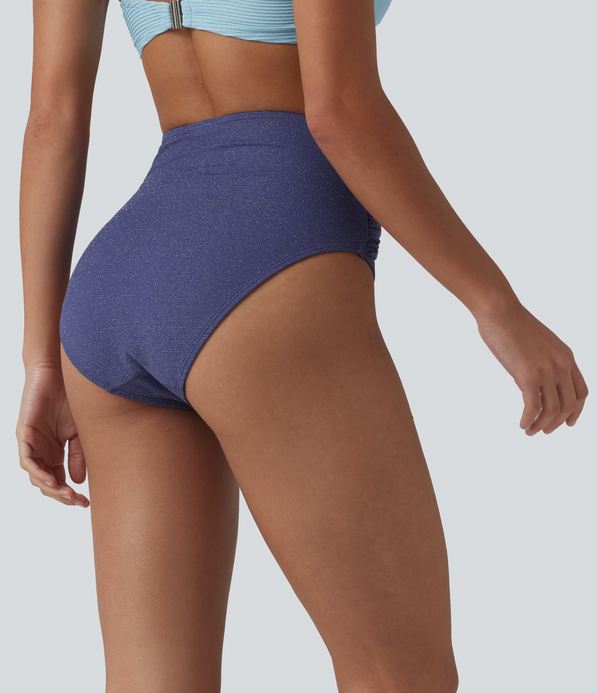 High Waisted Tummy Control Metallic Bikini Bottom Swimsuit — Skipper Blue — view 2