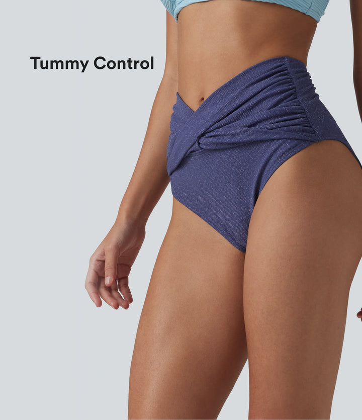 High Waisted Tummy Control Metallic Bikini Bottom Swimsuit — Skipper Blue — view 1