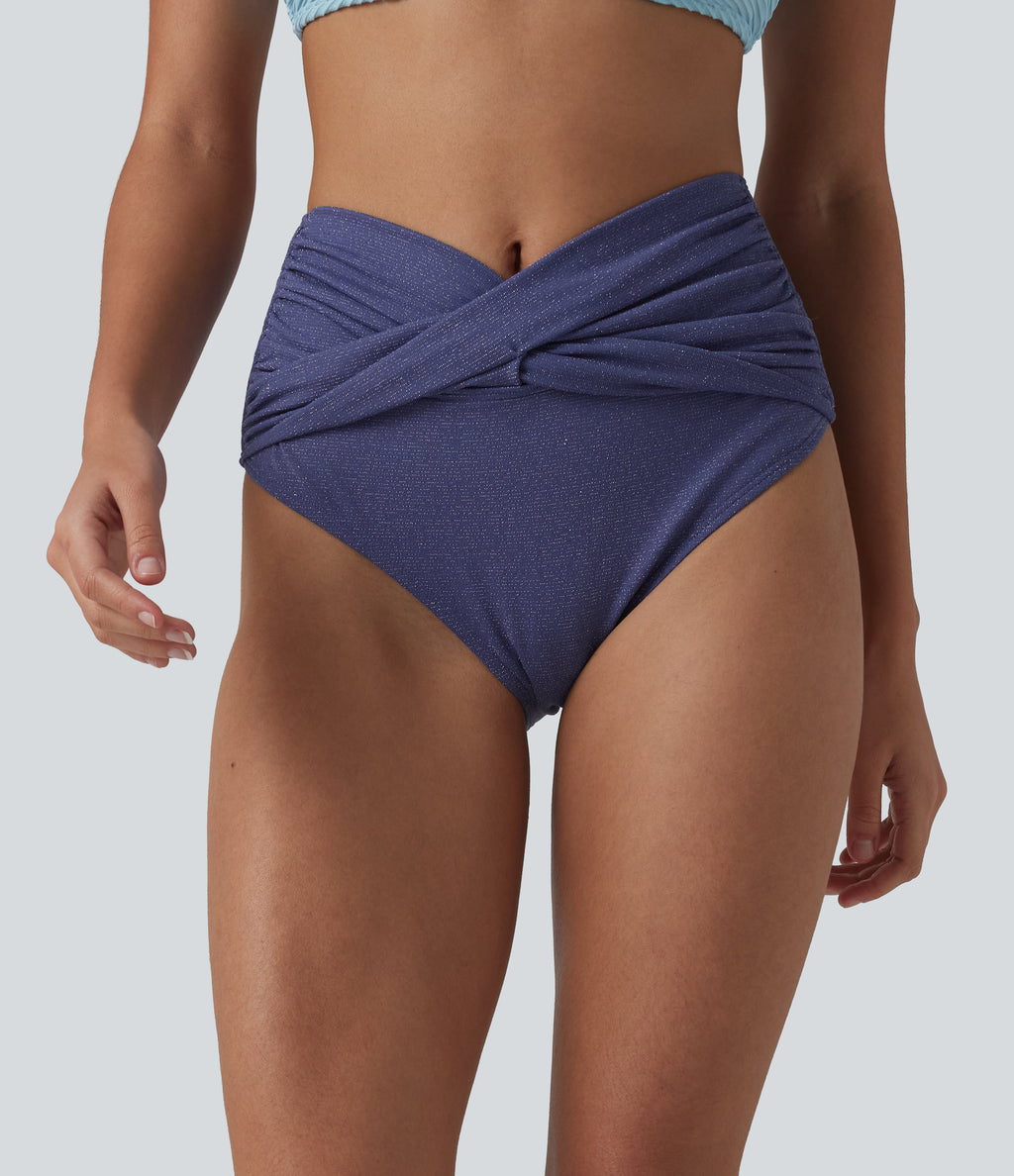 High Waisted Tummy Control Metallic Bikini Bottom Swimsuit — Skipper Blue — view 3