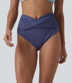 High Waisted Tummy Control Metallic Bikini Bottom Swimsuit — Skipper Blue — view 3