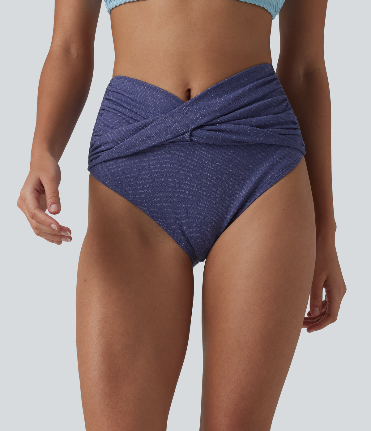High Waisted Tummy Control Metallic Bikini Bottom Swimsuit — Skipper Blue — view 3