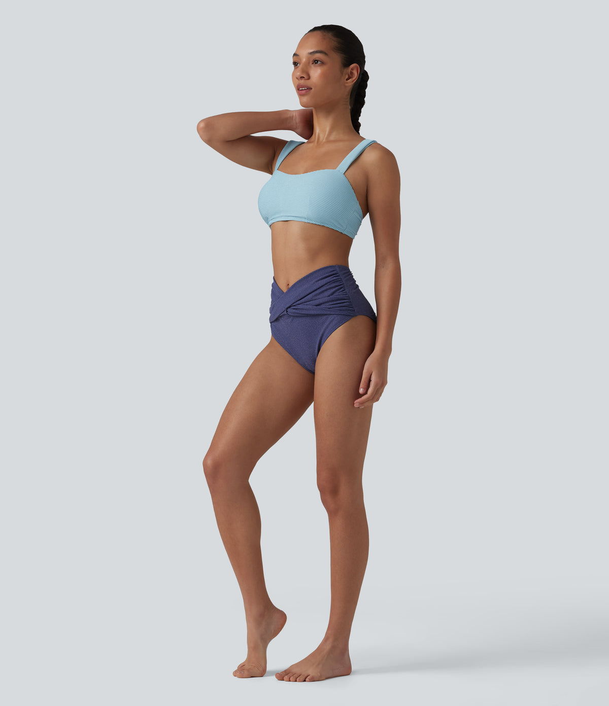 High Waisted Tummy Control Metallic Bikini Bottom Swimsuit — Skipper Blue — view 4