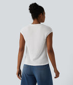 V-neck Cap Sleeve Waffle Casual Top with Pocket — White — view 2