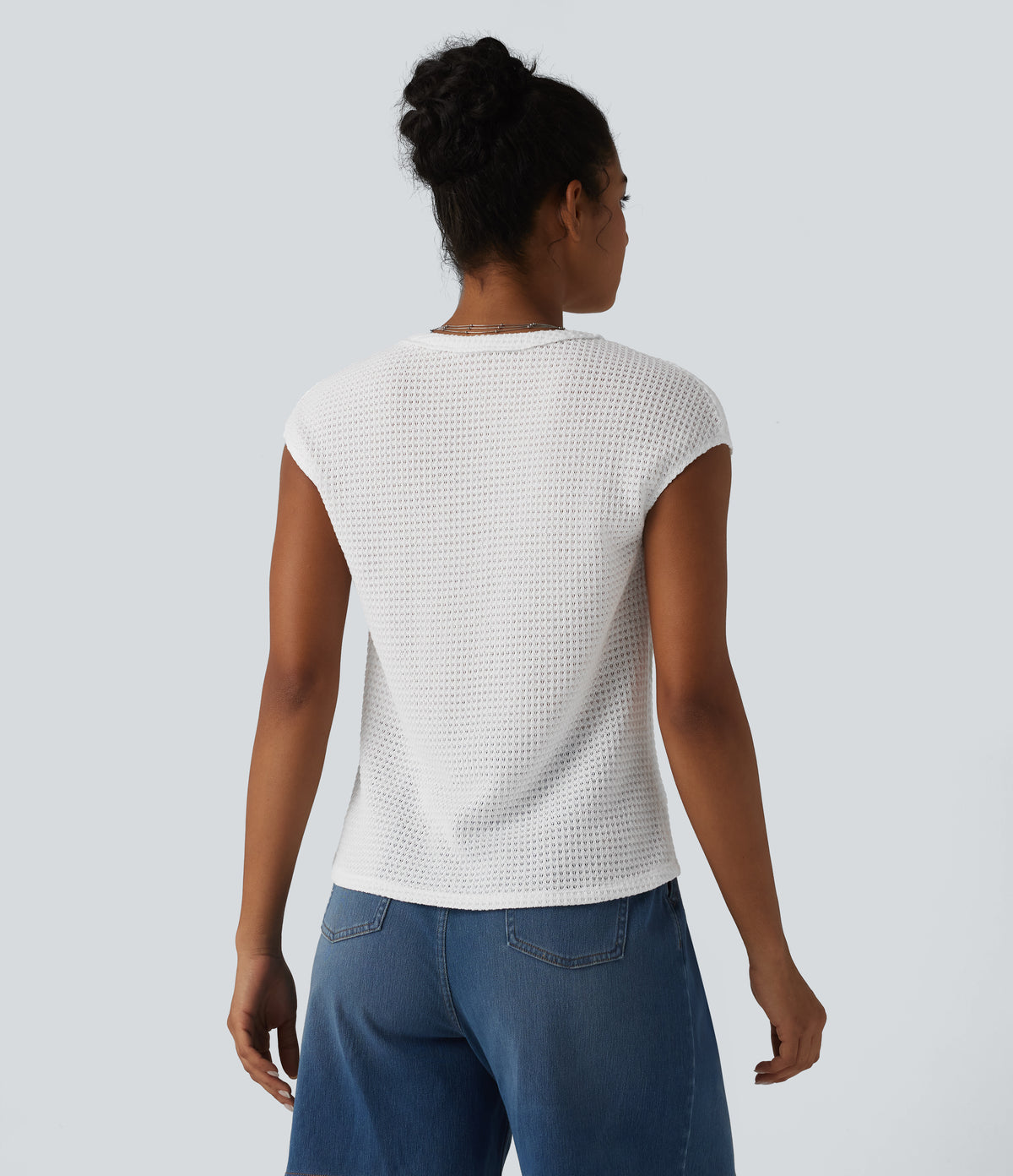 V-neck Cap Sleeve Waffle Casual Top with Pocket — White — view 2