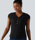 V-neck Cap Sleeve Waffle Casual Top with Pocket — Black — view 6